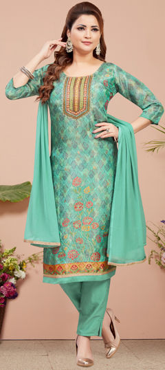 Green color Salwar Kameez in Silk fabric with Bugle Beads, Printed, Sequence, Zardozi work