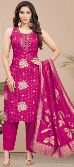 Pink and Majenta color Salwar Kameez in Silk fabric with Bugle Beads, Mirror, Sequence, Weaving work