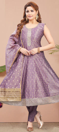 Purple and Violet color Salwar Kameez in Silk fabric with Embroidered, Thread, Zari work