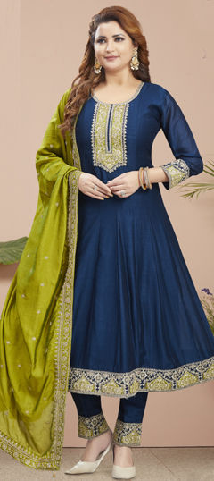 Blue color Salwar Kameez in Silk fabric with Bugle Beads, Embroidered, Thread, Zari work