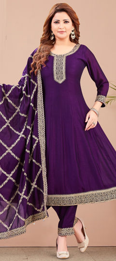 Purple and Violet color Salwar Kameez in Silk fabric with Embroidered, Sequence, Thread, Zari work