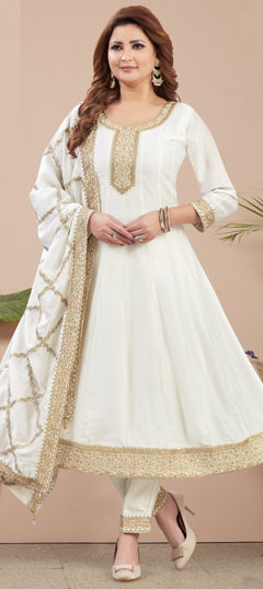 White and Off White color Salwar Kameez in Silk fabric with Embroidered, Sequence, Thread, Zari work