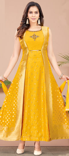 Yellow color Gown in Silk fabric with Bugle Beads, Sequence, Zardozi work