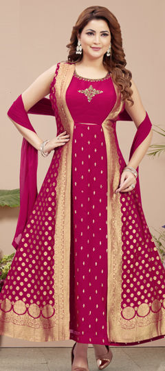 Pink and Majenta color Gown in Silk fabric with Bugle Beads, Sequence, Zardozi work