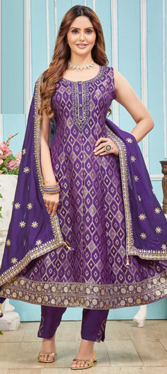 Purple and Violet color Salwar Kameez in Silk fabric with Embroidered, Mirror, Sequence, Thread work