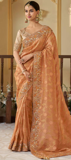 Orange color Saree in Viscose fabric with Embroidered, Resham, Sequence, Stone, Zari work