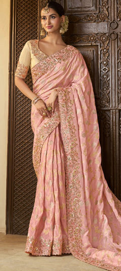 Pink and Majenta color Saree in Viscose fabric with Embroidered, Resham, Sequence, Stone, Zari work