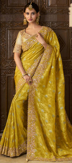 Yellow color Saree in Viscose fabric with Embroidered, Resham, Sequence, Stone, Zari work