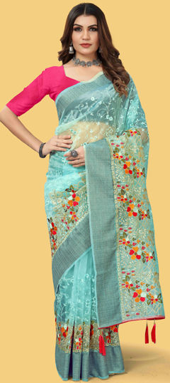 Blue color Saree in Organza Silk fabric with Embroidered, Thread, Zari work