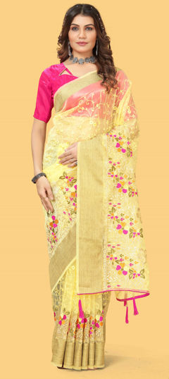 Yellow color Saree in Organza Silk fabric with Embroidered, Thread, Zari work