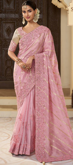 Pink and Majenta color Saree in Viscose fabric with Embroidered, Resham, Sequence, Stone, Zari work