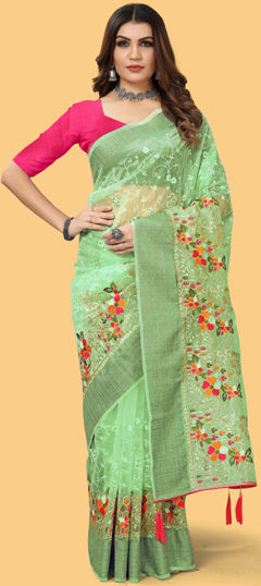 Green color Saree in Organza Silk fabric with Embroidered, Thread, Zari work