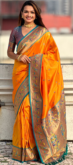 Orange color Saree in Silk fabric with Weaving work