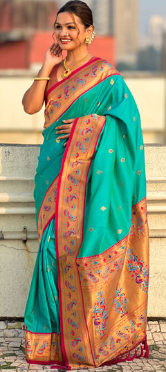 Green color Saree in Silk fabric with Weaving work