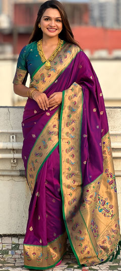 Purple and Violet color Saree in Silk fabric with Weaving work