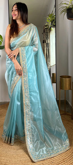 Blue color Saree in Tissue fabric with Embroidered, Sequence, Thread, Zari work