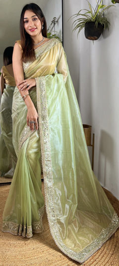 Green color Saree in Tissue fabric with Embroidered, Sequence, Thread, Zari work