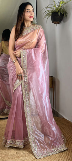 Pink and Majenta color Saree in Tissue fabric with Embroidered, Sequence, Thread, Zari work