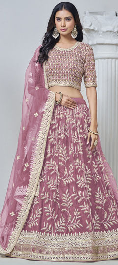 Pink and Majenta color Lehenga in Net fabric with Embroidered, Sequence, Thread work