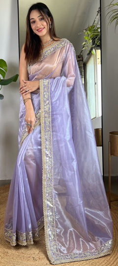 Purple and Violet color Saree in Tissue fabric with Embroidered, Sequence, Thread, Zari work