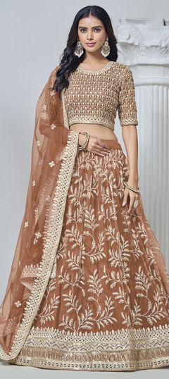 Beige and Brown color Lehenga in Net fabric with Embroidered, Sequence, Thread work