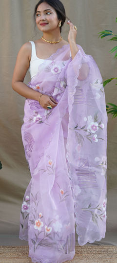 Purple and Violet color Saree in Organza Silk fabric with Printed, Sequence, Thread work