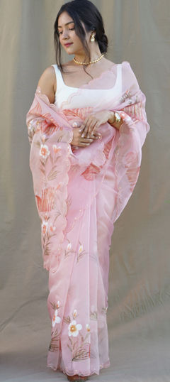 Pink and Majenta color Saree in Organza Silk fabric with Printed, Sequence, Thread work