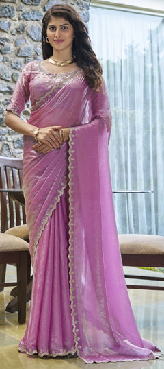 Purple and Violet color Saree in Silk fabric with Zircon work