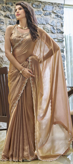 Beige and Brown color Saree in Silk fabric with Zircon work