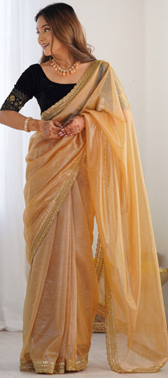 Beige and Brown color Saree in Organza Silk fabric with Embroidered, Sequence, Thread, Zari work