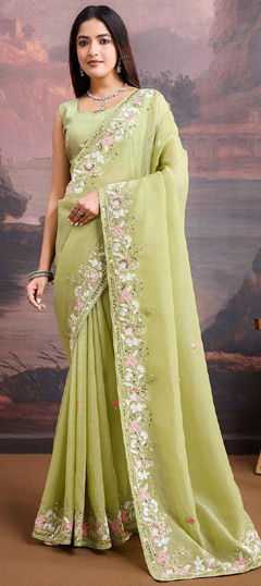 Green color Saree in Organza Silk fabric with Embroidered, Sequence, Thread work