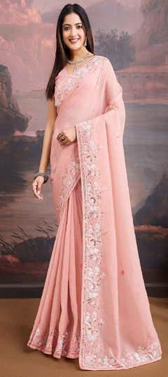 Pink and Majenta color Saree in Organza Silk fabric with Embroidered, Sequence, Thread work