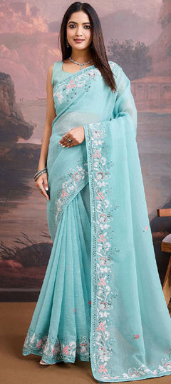 Blue color Saree in Organza Silk fabric with Embroidered, Sequence, Thread work