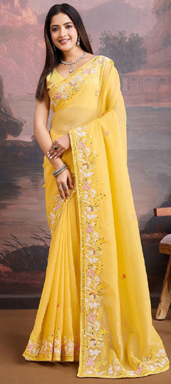 Yellow color Saree in Organza Silk fabric with Embroidered, Sequence, Thread work