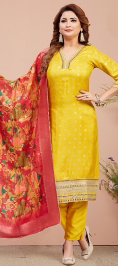 Yellow color Salwar Kameez in Silk fabric with Embroidered, Resham, Thread, Zari work