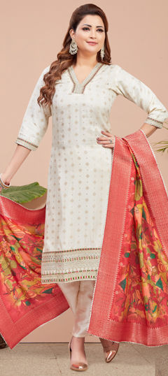 White and Off White color Salwar Kameez in Silk fabric with Embroidered, Resham, Sequence, Thread work