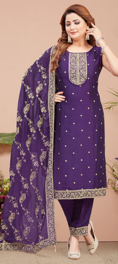 Purple and Violet color Salwar Kameez in Silk fabric with Embroidered, Thread, Zari work