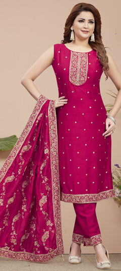 Pink and Majenta color Salwar Kameez in Silk fabric with Embroidered, Thread, Zari work