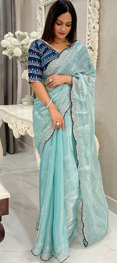 Blue color Readymade Saree in Silk fabric with Embroidered, Sequence, Thread work