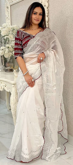 White and Off White color Readymade Saree in Silk fabric with Embroidered, Sequence, Thread work