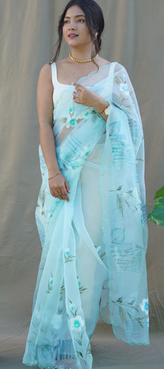 Blue color Saree in Organza Silk fabric with Printed, Sequence, Thread work