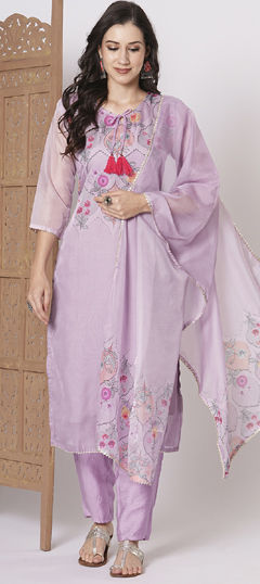 Purple and Violet color Salwar Kameez in Silk fabric with Embroidered, Printed work