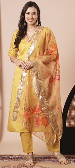 Yellow color Salwar Kameez in Chanderi Silk fabric with Embroidered, Thread work