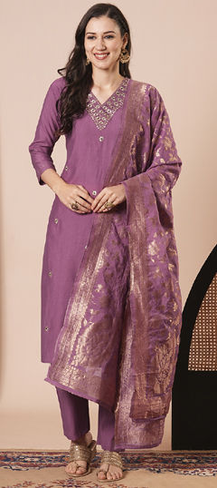 Purple and Violet color Salwar Kameez in Chanderi Silk fabric with Embroidered work