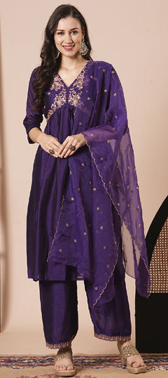 Purple and Violet color Salwar Kameez in Silk fabric with Embroidered, Printed work