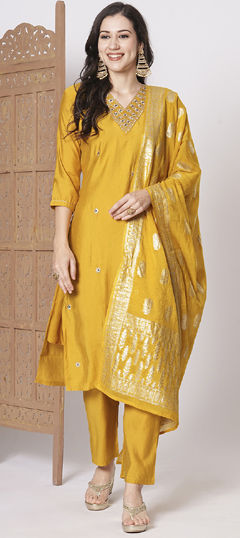 Yellow color Salwar Kameez in Chanderi Silk fabric with Embroidered work