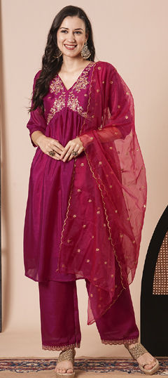 Pink and Majenta color Salwar Kameez in Silk fabric with Embroidered work