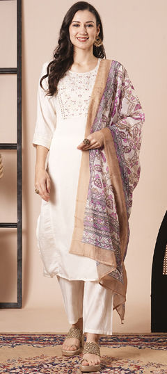 White and Off White color Salwar Kameez in Chanderi Silk fabric with Embroidered, Printed work