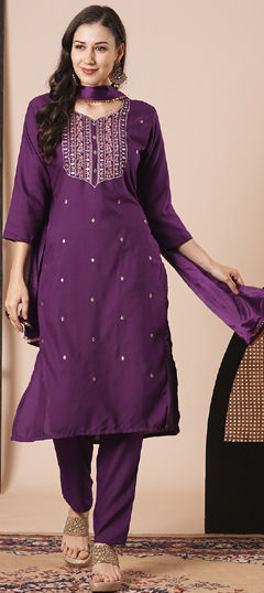 Purple and Violet color Salwar Kameez in Rayon fabric with Embroidered work