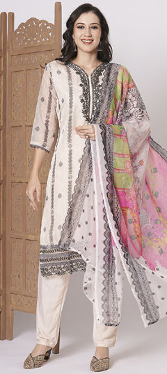 White and Off White color Salwar Kameez in Silk fabric with Embroidered, Printed work